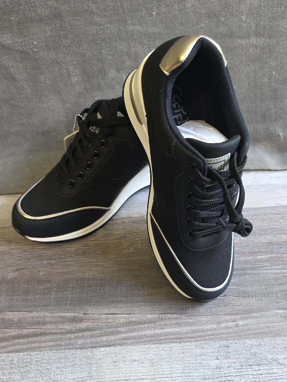Black Wedge Platform Sneakers with Silver Trim — Women's Casual Athletic Shoes